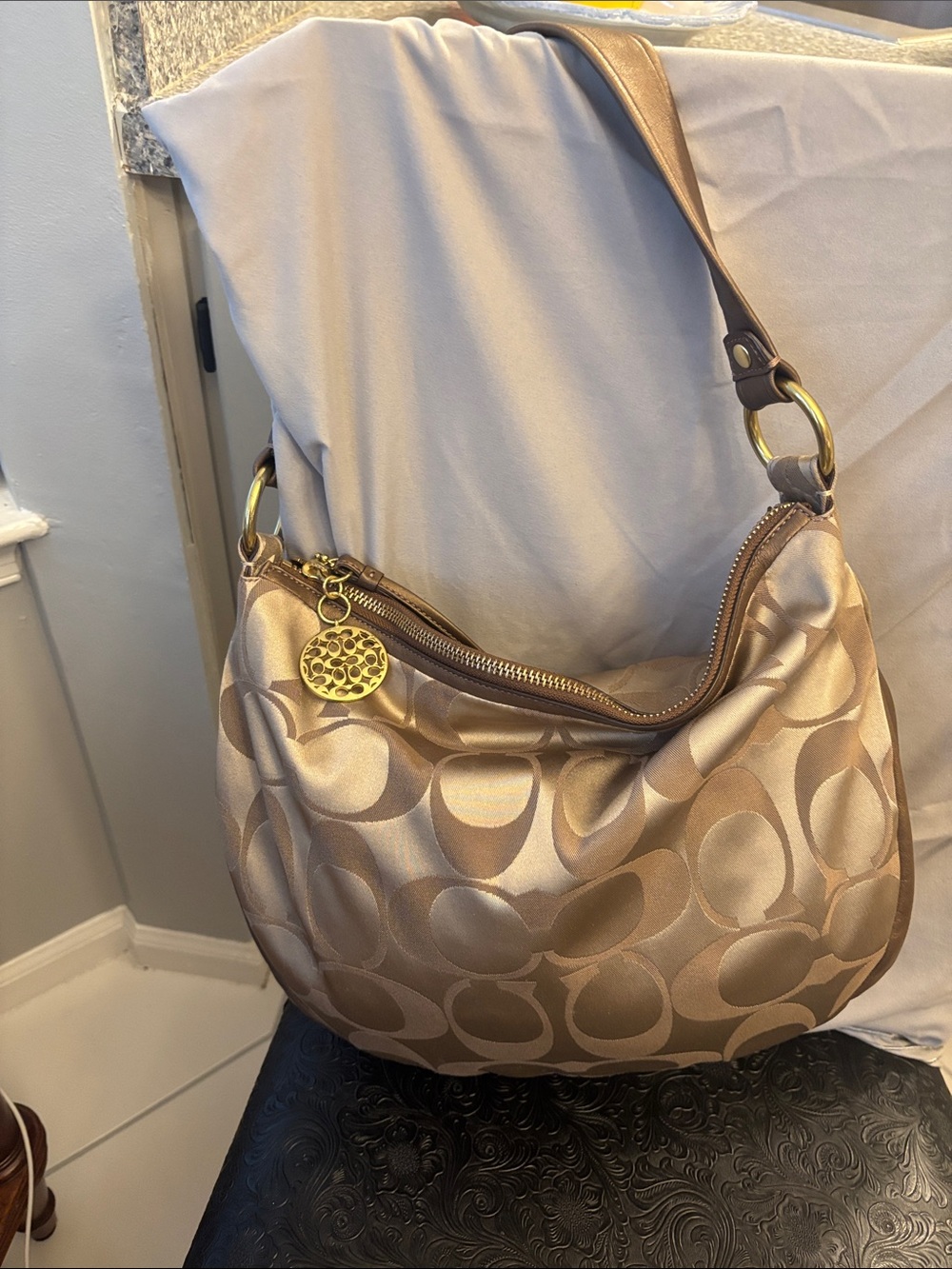 Coach Satin Signature Hobo Bag in Champagne Gold